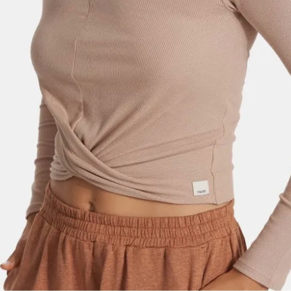 Twist Front Ribbed Long-Sleeve Top in Blush -